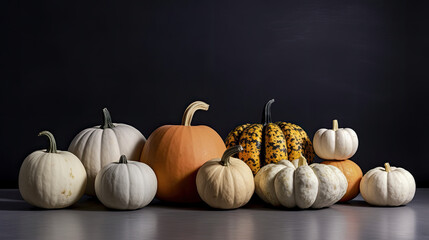 A group of pumpkins on a dark white background or wallpaper