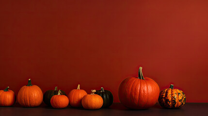 A group of pumpkins on a dark red background or wallpaper