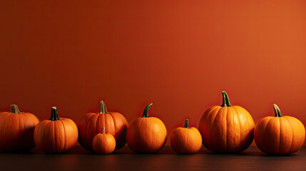 A group of pumpkins on a dark orange background or wallpaper