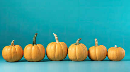 A group of pumpkins on a light cyan background or wallpaper