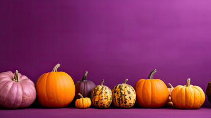 A group of pumpkins on a vivid purple background or wallpaper
