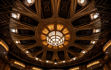 Auditorium luxury decorative ceiling with lights, wooden ceiling, art deco, made of wrought iron.
