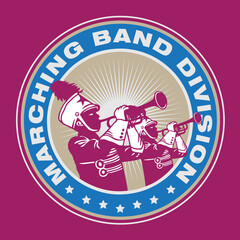 Hand Drawing Vector Illustration of Marching Band Trumpet Players in Emblem Style Design