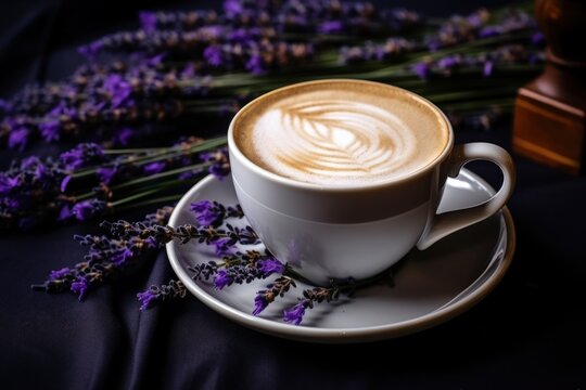 Homemade Cappuccino raf coffee with lavender on dark background. Close up.