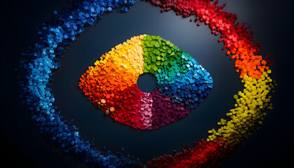 A Spectrum of multi colored elements aligned in a concentric circle. Rainbow, abstract background, AI generated.