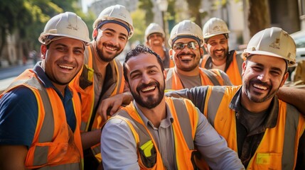 A group of smiling Uniformed construction workers. Sincere business friendship. - obrazy, fototapety, plakaty