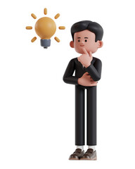 3d Illustration of Cartoon Businessman Thinking holding hand on chin looking for ideas