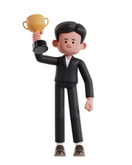 3d Illustration of Cartoon businessman raises trophy with right hand