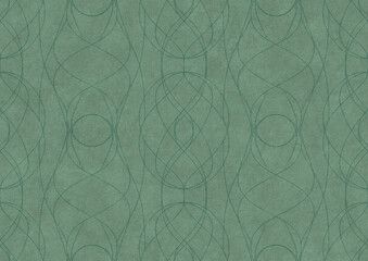 Hand-drawn unique abstract symmetrical seamless ornament. Dark semi transparent green on a light cold green background color. Paper texture. A4. (pattern: p10-1b)