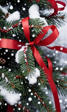 Photo Of Christmas Pine Tree Branches Draped With Red Ribbons And Snowflakes