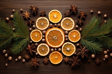 Fototapeta na wymiar creative christmas star decoration made with oranges, pine cones, cardamon and cinnamon on wooden table