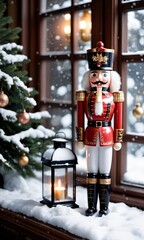 Photo Of Christmas Nutcracker Holding A Lantern Beside A Snowy Window - obrazy, fototapety, plakaty
