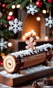 Photo Of Christmas Snowflakes Falling On A Nutcracker Beside A Yule Log