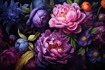 vintage bouquet of peony flowers on a black background