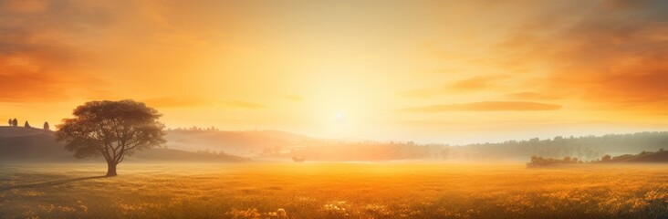 sun is rising over a pasture with trees panorama