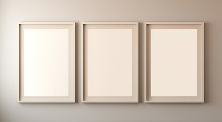 three empty vertical picture frames on beige wall art mockups