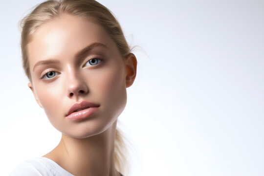 Fresh-Faced Beauty: Close-up Portrait of Young Woman with Clean, Healthy Skin