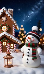Photo Of Christmas Snowman Wearing A Wreath Necklace Holding A Lantern Beside A Gingerbread House With A Backdrop Of A Twinkling Night Sky