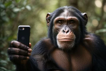 Fotobehang A chimpanze holding a phone taking a selfie of itself. - A happy primate capturing a selfie with a smartphone.  © Unsake