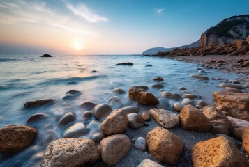Fototapeta na wymiar Beautiful sea views with relaxing and gentle rocks and waves. long exposure photography. generative ai