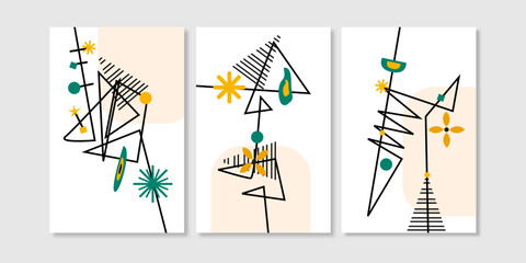 Set of three collection abstract mid century wall art with retro color. Aesthetic abtract shapes wall decoration. Art decoration, wallpaper, and  background