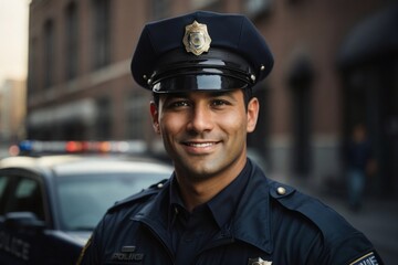 portrait of a police officer -Confident male official in legal attire smiling at camera.