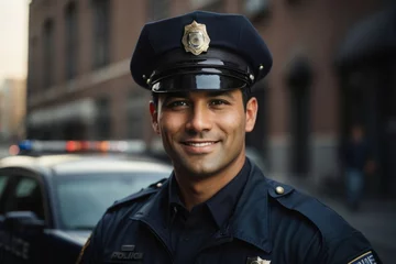 Poster portrait of a police officer -Confident male official in legal attire smiling at camera. © Unsake