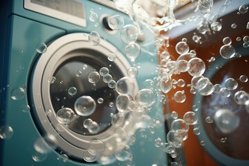 Inside an elegantly designed laundry room, a modern washing machine overflows with sudsy water. The bubbles, form perfect little spheres that float in the air