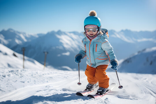Young child embracing winter fun on the slopes, Alpine school ski lesson for little champion