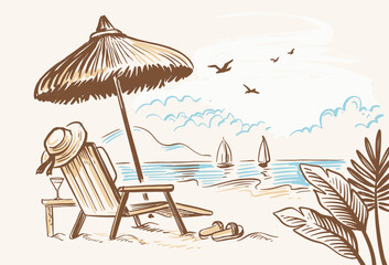 Beach chair with umbrella. Vintage drawing.