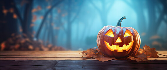 calabaza con cara terrorífica de halloween sobre soporte de madera y fondo de bosque otoñal, concepto halloween