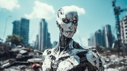 Fototapeta na wymiar malevolent robot ignites a war, unleashing chaos upon a once-peaceful world