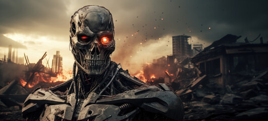 An evil enemy robot sparks the flames of war - obrazy, fototapety, plakaty