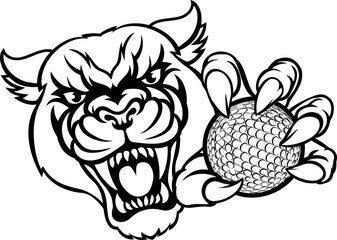 A panther cougar or jaguar cat animal sports mascot holding golf ball