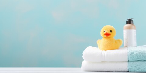 Cute rubber duck next to the soft towels in the bathroom interior - obrazy, fototapety, plakaty