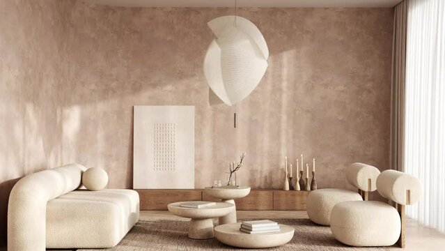 Nature livingroom with large abstract lamp, minimal picture frame and home decor. 3d rendering illustration. 3d visualization. High quality 4k footage video