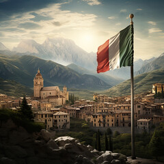 Stunning Italy Flag Scene with Historical Architecture and Mountainous Backdrop