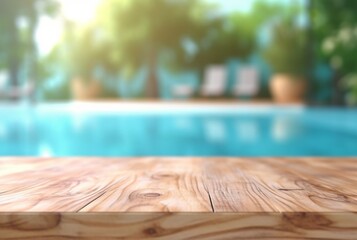 empty wooden table with blurred background of swimming pool and sunlight, for podium product display. generative ai - obrazy, fototapety, plakaty