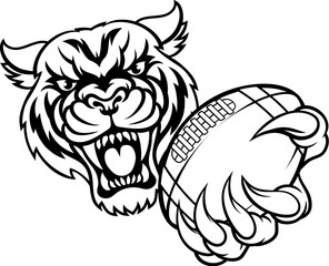 A tiger cat animal sports mascot holding American football ball