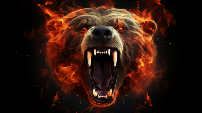 Image of an angry bear face with fire smoke on black background