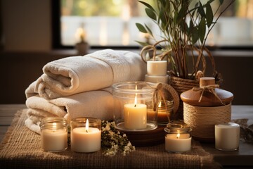 Fototapeta na wymiar Inviting spa ambiance with soft towels and green leaves