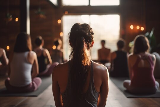 Yoga class in the yoga studio filled with natural light. Self care, mental health concept