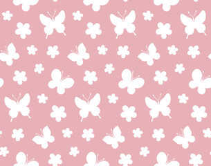 Seamless floral pattern with butterflies and flowers, silhouette.