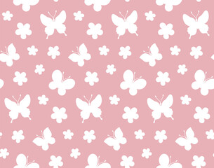 Seamless floral pattern with butterflies and flowers, silhouette.