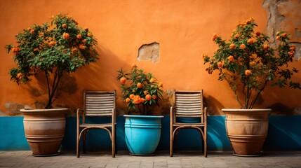 Fototapeta premium rustic interior design with potted flowers and two chairs