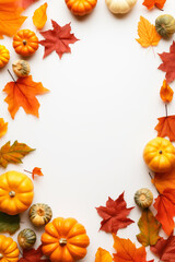 Naklejka na ściany i meble Fall background with pumpkins and fall leaves on white background with copy space.