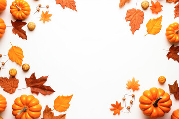 Fall background with pumpkins and fall leaves on white background with copy space.
