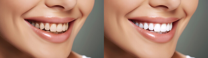 Obraz premium Visual display of teeth transformation through professional whitening. Before and after collage