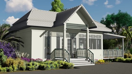 House 3D model with front garden, Cafe style house Surrounded by nature, 3D design.