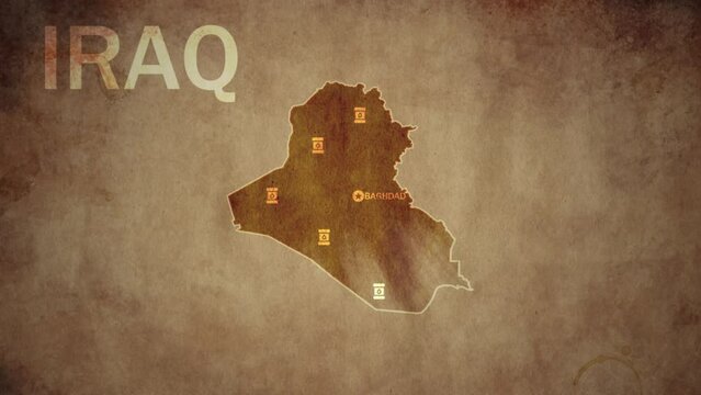 Vintage map of Iraq arab country From above zooming in.